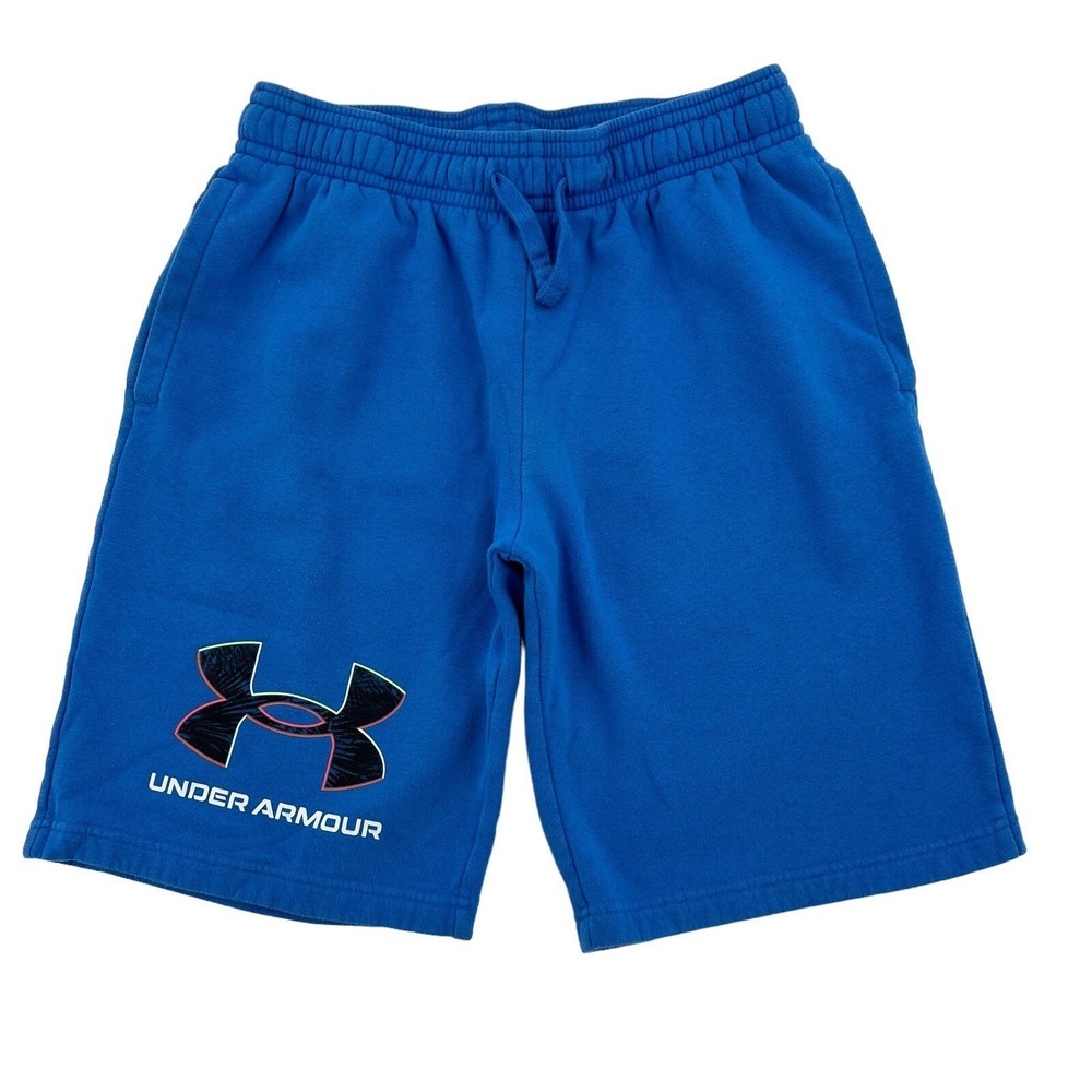 Under Armour Boys Large LG Blue Fleece Athletic Shorts Logo Pockets Drawstring